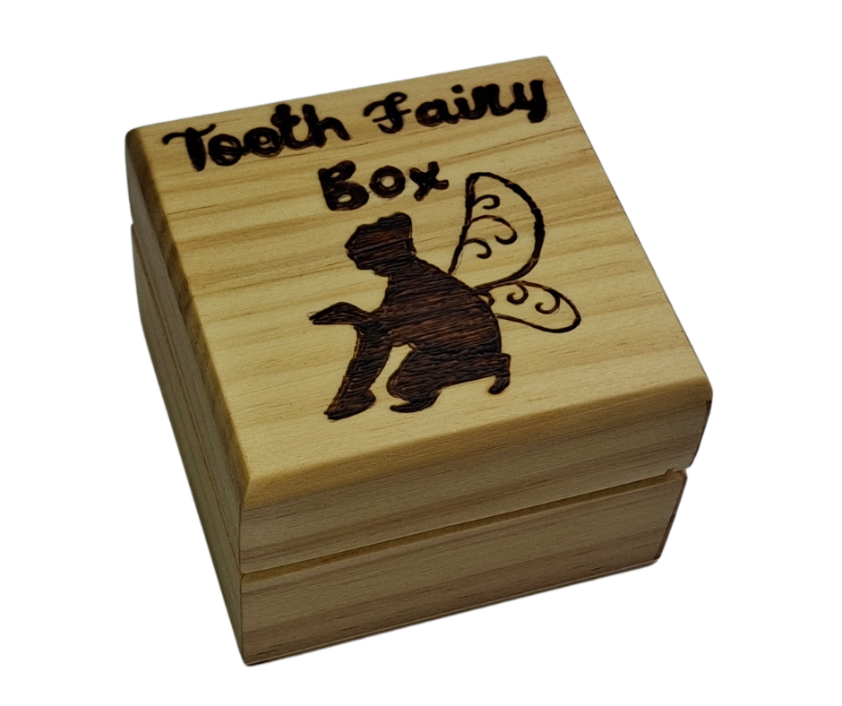 Child's keepsake box, with "Tooth Fairy Box" hand-engraved on the lid next to a charming fairy figure