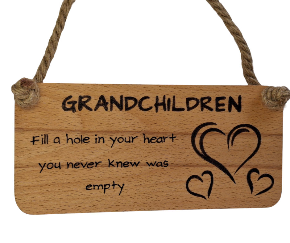 Wooden plaque hand-burnt with "Grandchildren fill a hole in your heart you never knew was empty" pyrography and three heart illustrations, hung by a thick jute rope.