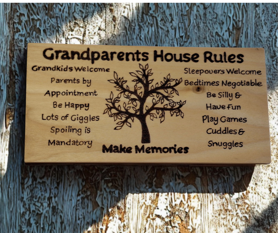 Decorative wooden plaque for grandparents, intricately designed with a central tree, "Grandparents House Rules" title, "Make Memories" heading, and fun rules including "Bedtimes Negotiable."