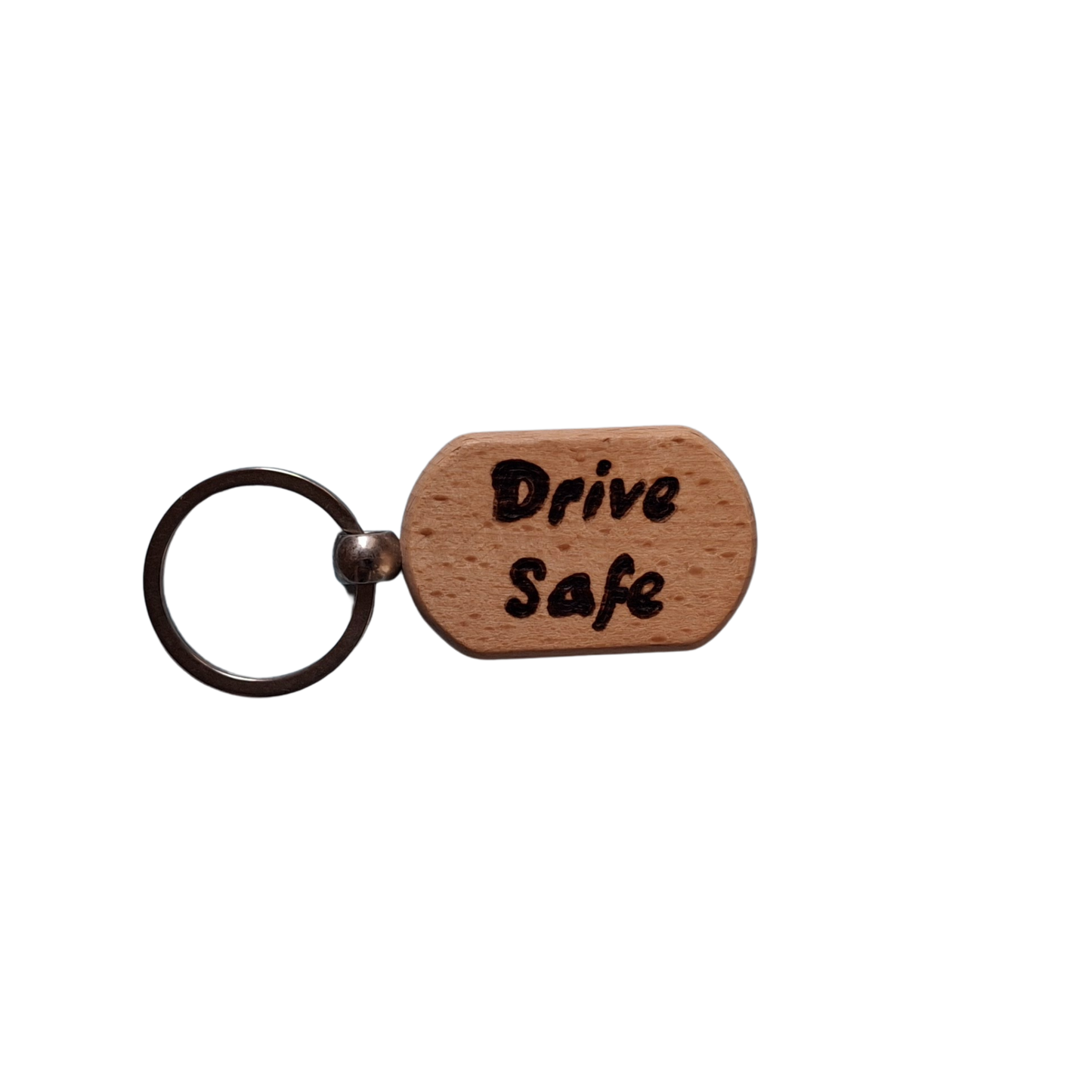 Oval beechwood keyring with 'Drive Safe' pyrography text and chrome split ring