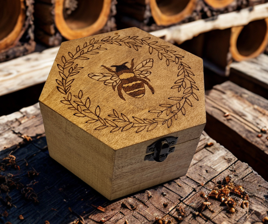 Box with a large bee inside a wreath burnt into the lid of the box