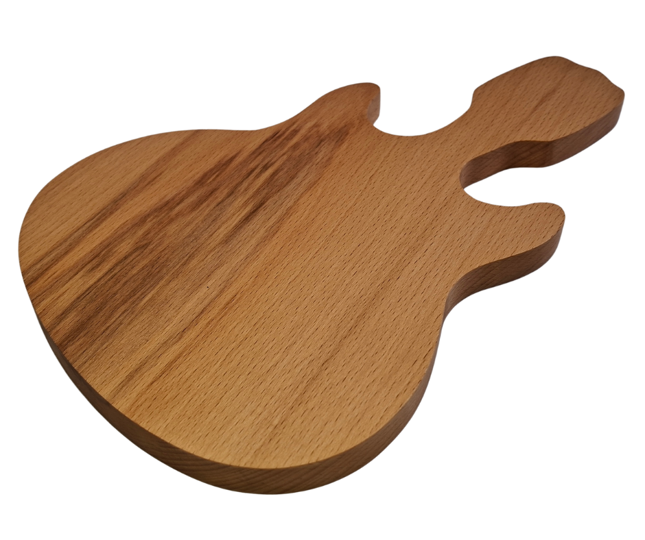 A hand-cut, guitar-shaped chopping board made from light-toned beechwood, finished with a food-safe hard wax oil.
