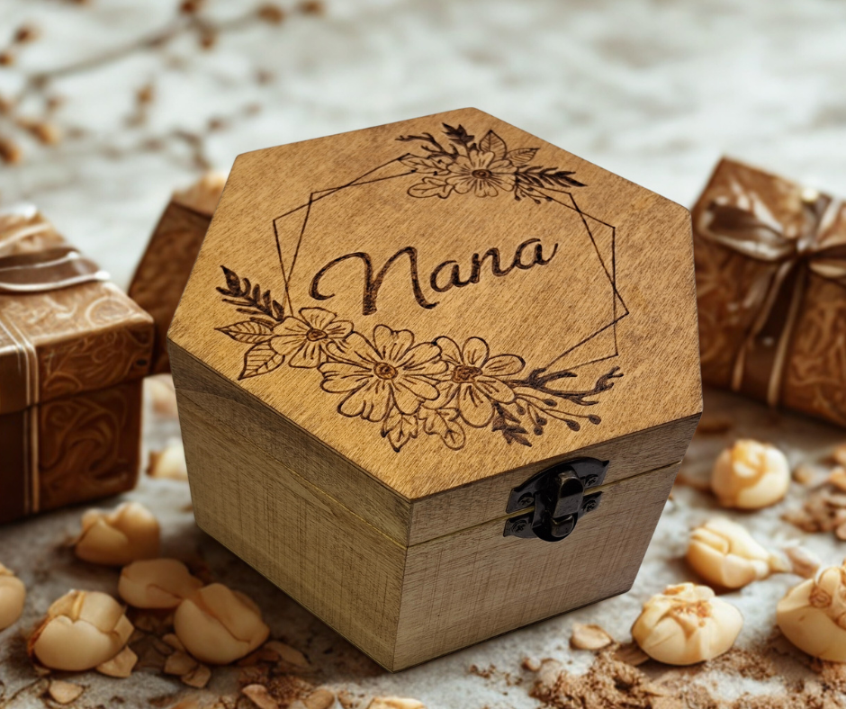 Wooden hexagonal box with "Nana" and a frame with flowers burnt not the wood