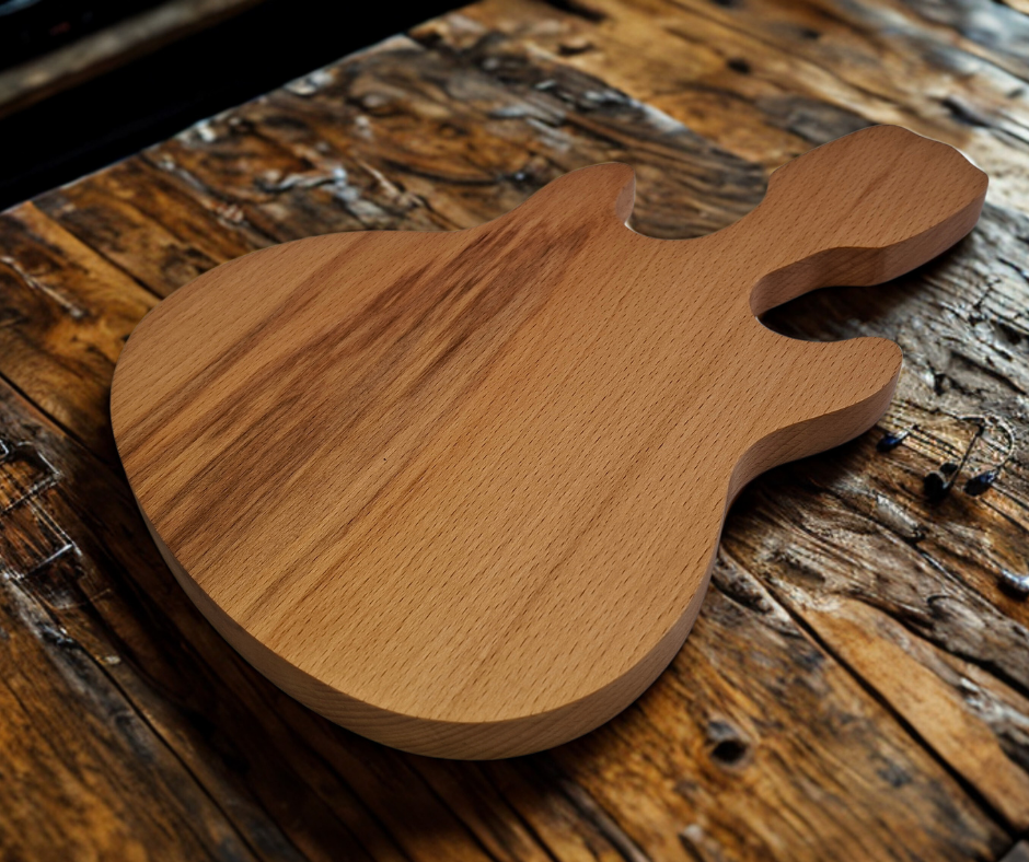 A hand-cut, guitar-shaped chopping board made from light-toned beechwood, finished with a food-safe hard wax oil.