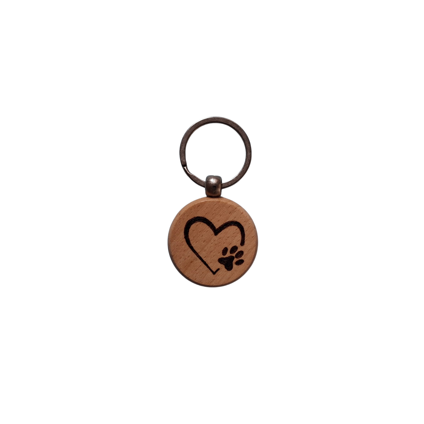 Round beechwood keyring with heart and paw print pyrography design and chrome split ring