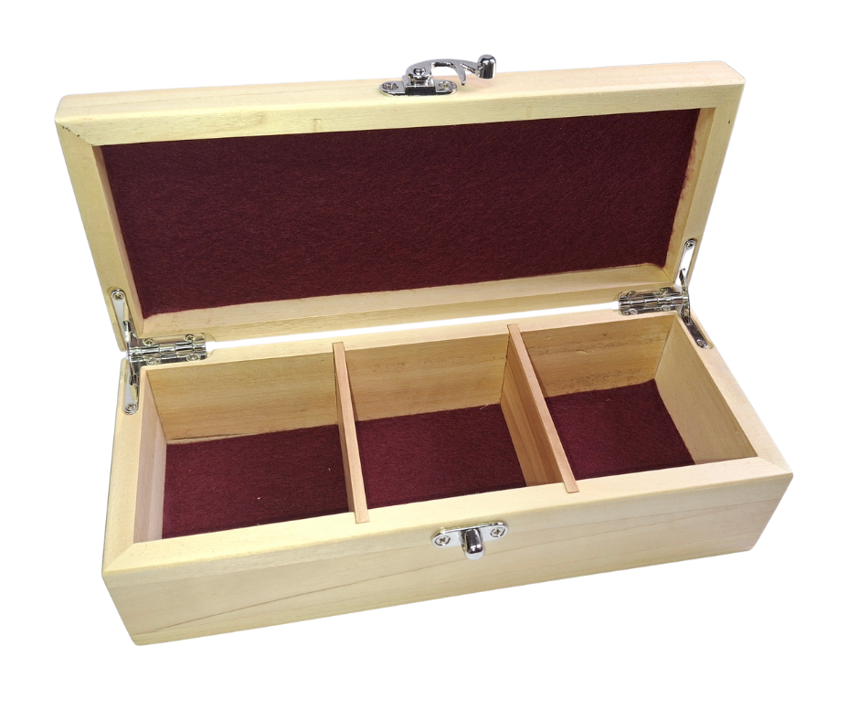 Box interior featuring three red felt-lined partitions and sturdy, polished chrome quadrant hinges for 90-degree support
