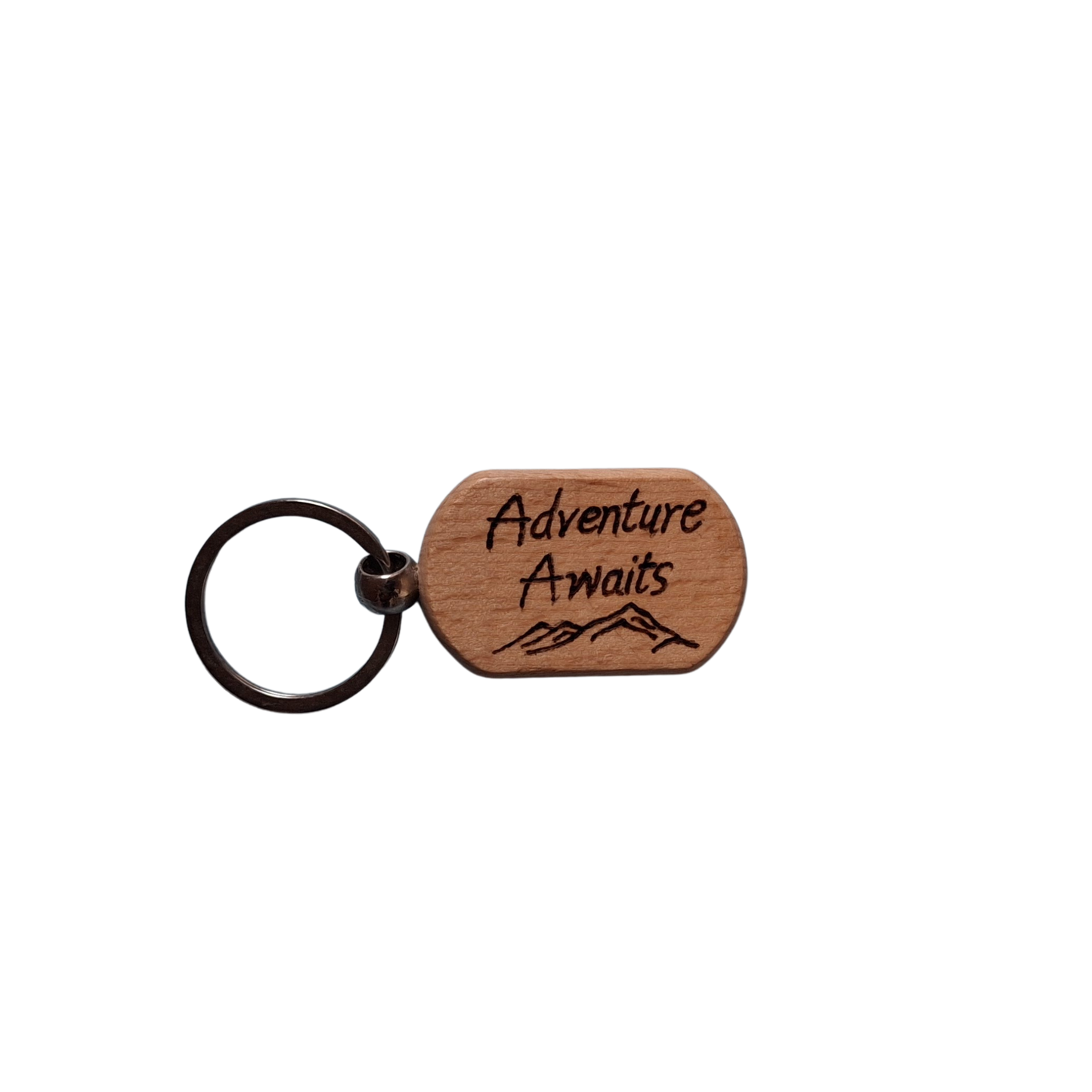 Oval beechwood keyring with 'Adventure Awaits' text and mountain range pyrography design and chrome split ring