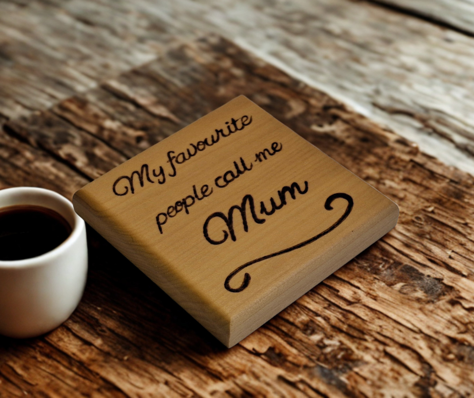 Tulipwood coaster with chamfered edges inscription "My favourite people call me Mum" burnt in