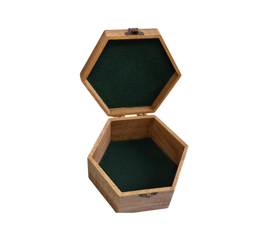 Open box showing green felt lining