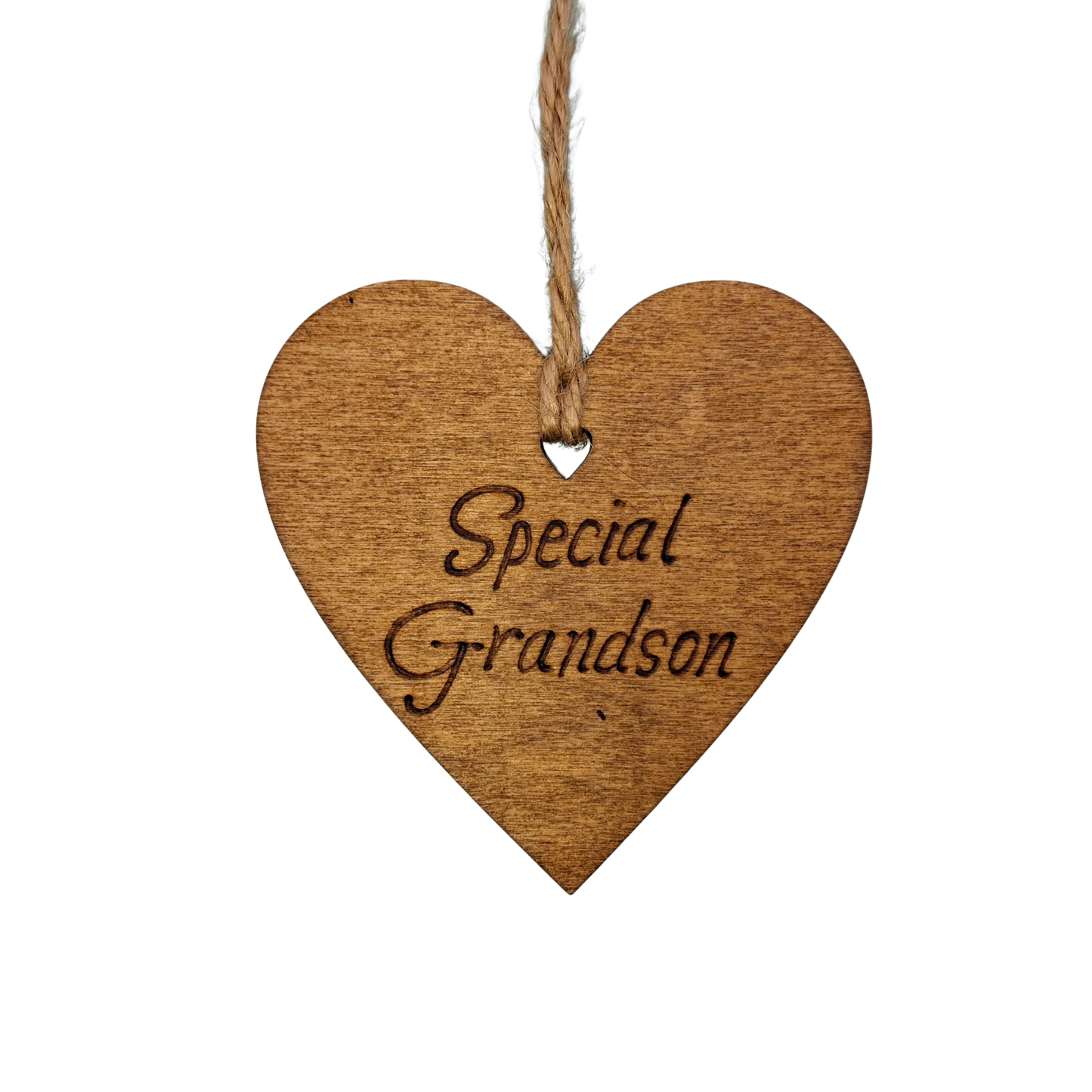 A small, possibly 8cm by 8cm, light-colored wooden heart, decorated with "Special Grandson" hand-burned into its surface using pyrography. A short length of natural jute rope is tied through the top for hanging.