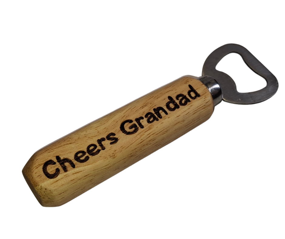 Custom hand-burnt bottle opener featuring a chrome opener and "Cheers Grandad" lettering