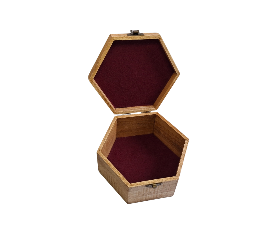 Open box, showing red lining on the base and lid