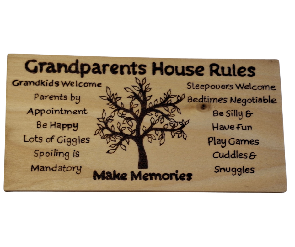 Decorative wooden plaque for grandparents, intricately designed with a central tree, "Grandparents House Rules" title, "Make Memories" heading, and fun rules including "Bedtimes Negotiable."