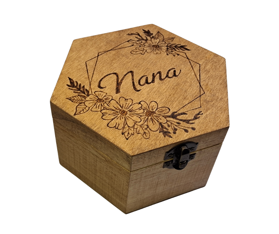 Wooden hexagonal box with "Nana" and a frame with flowers burnt not the wood