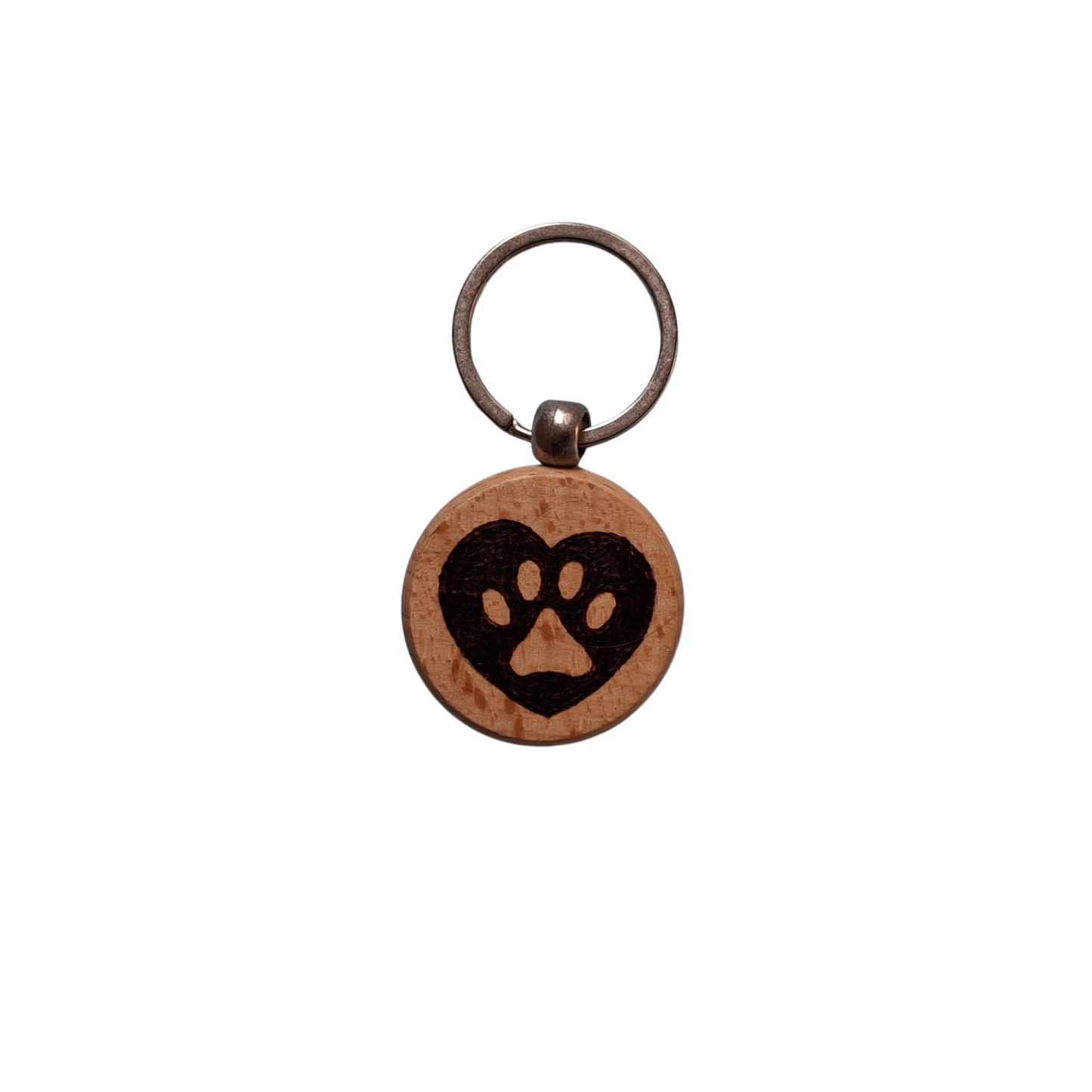 Round beechwood keyring with heart-shaped paw print pyrography design and chrome split ring