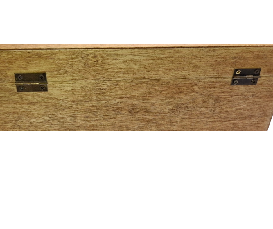 Rear view of the box, featuring two visible metal hinges securing the lid