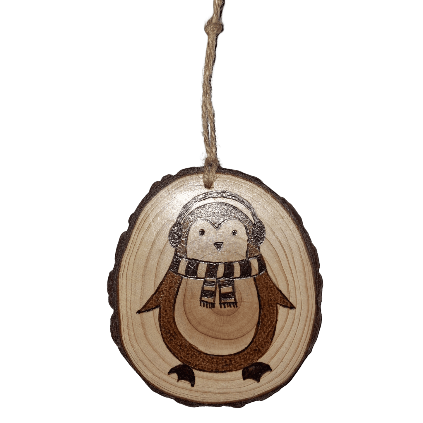 Penguin with headphones Log slice tree decoration