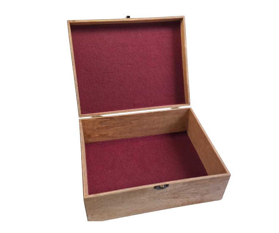 open box with luxurious red felt lining visible on the interior base and lid