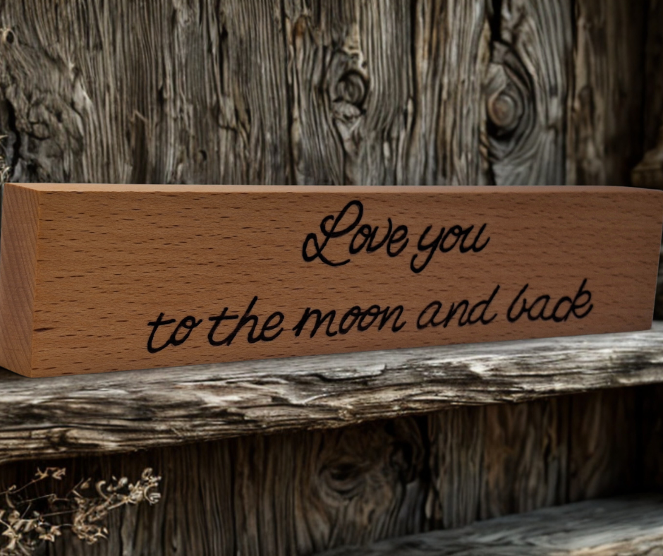 Freestanding wooden desk sign, hand-decorated with "Love You to the Moon and Back" pyrography.