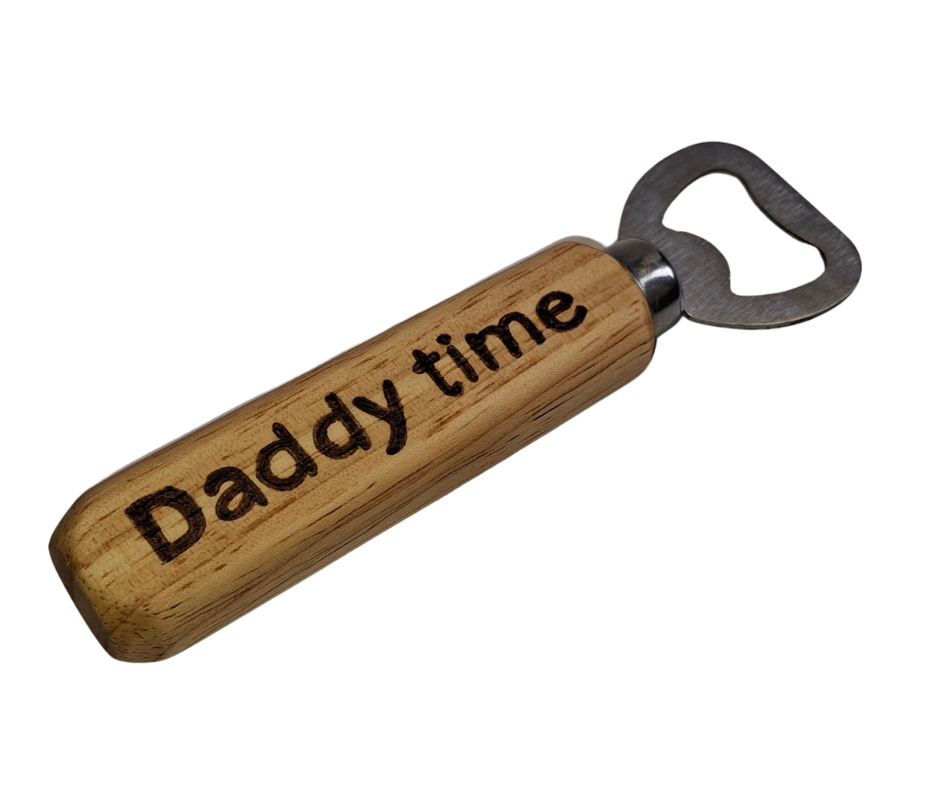 Ergonomic handheld bottle opener with a polished chrome head, intricately decorated with "Daddy Time" using pyrography
