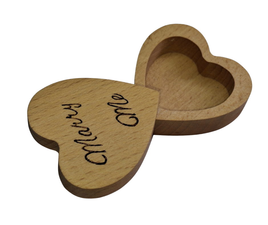Hand-burnt heart-shaped ring box featuring "Marry Me" on its swivel lid, perfect for proposals