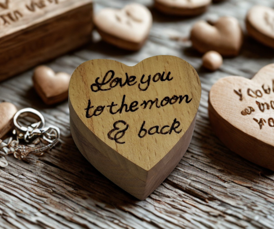 Small, heart-shaped wooden ring box with a swivel lid, hand-decorated with "Love You to the Moon and Back" pyrography
