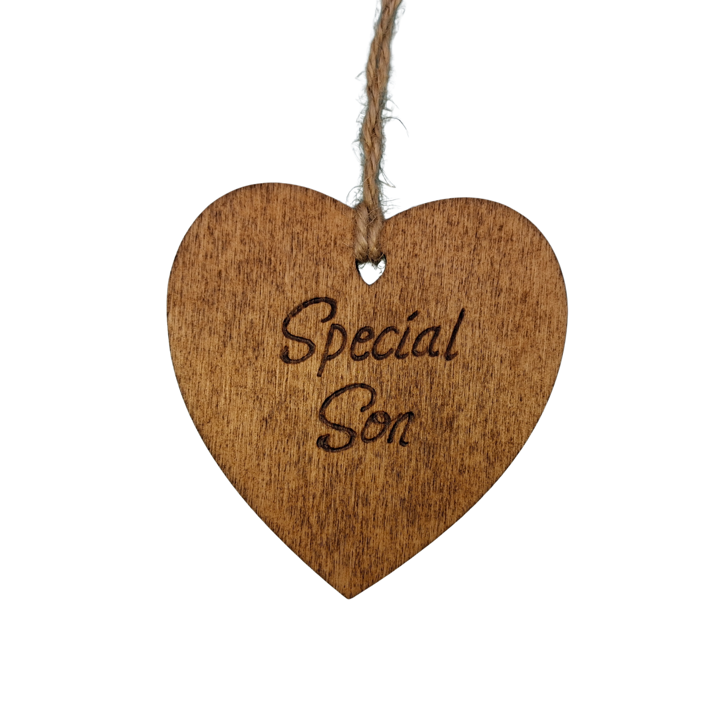 A small, possibly 8cm by 8cm, light-colored wooden heart, decorated with "18th" hand-burned into its surface using pyrography. A short length of natural jute rope is tied through the top for hanging.