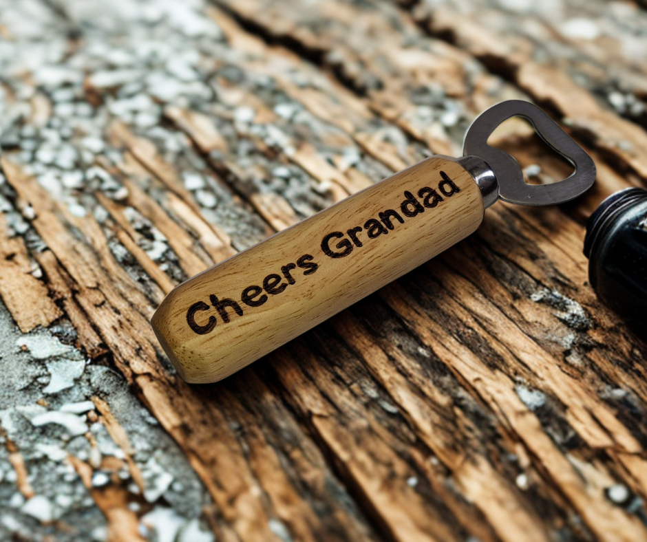Custom hand-burnt bottle opener featuring a chrome opener and "Cheers Grandad" lettering