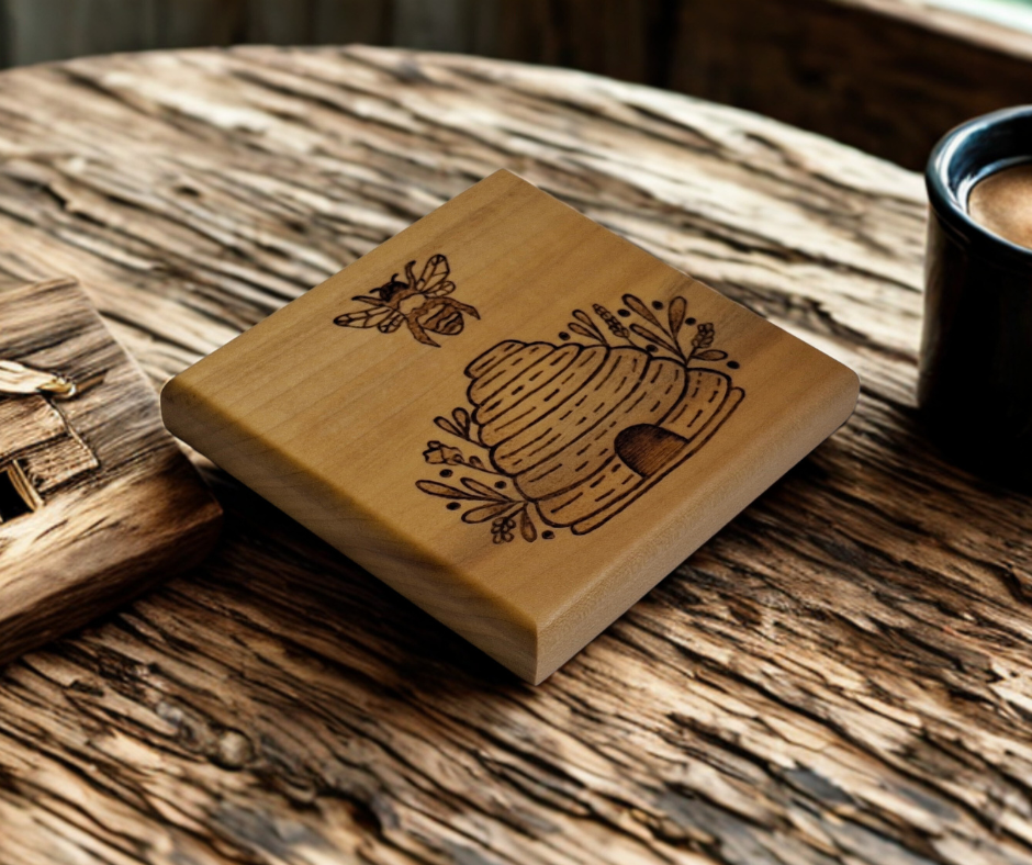 Tulipwood coaster with chamfered edges with a bee flying over a hive design burnt in