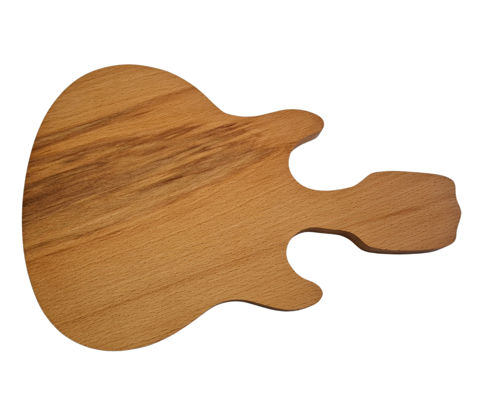 A hand-cut, guitar-shaped chopping board made from light-toned beechwood, finished with a food-safe hard wax oil.