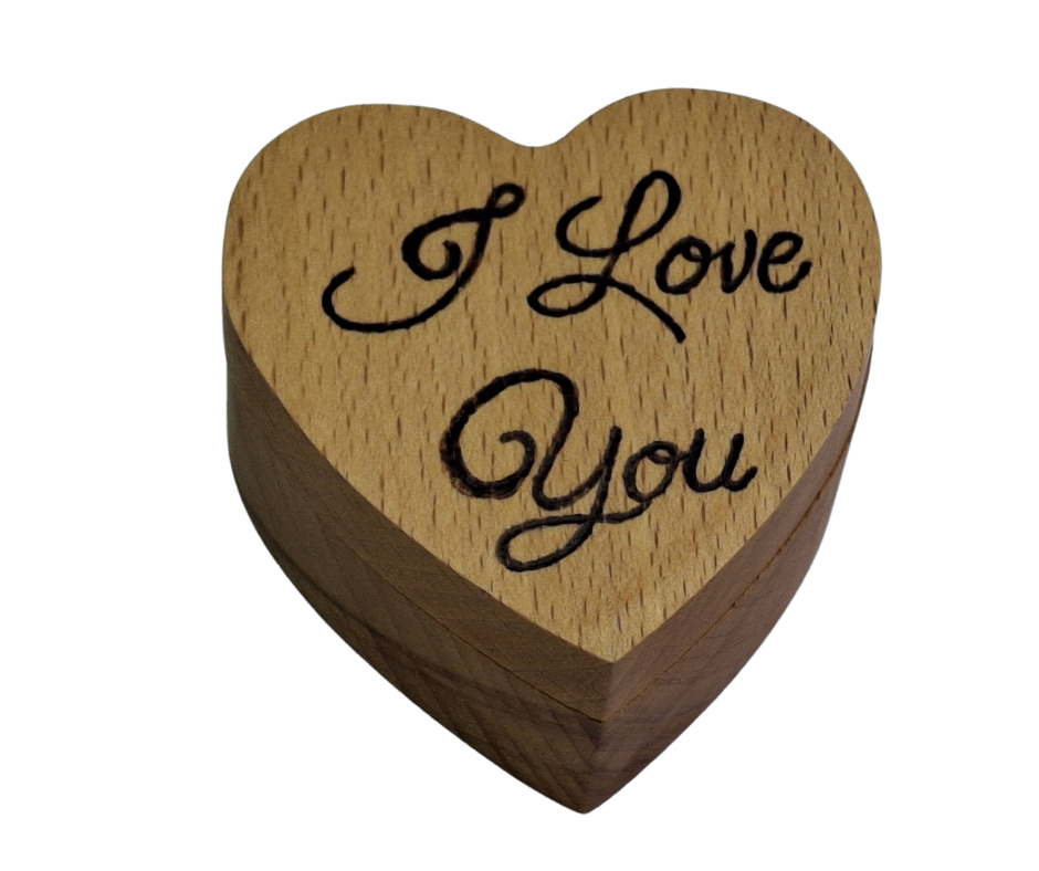 Hand-burnt heart-shaped ring box featuring "I Love You" on its swivel lid, perfect for a heartfelt gift