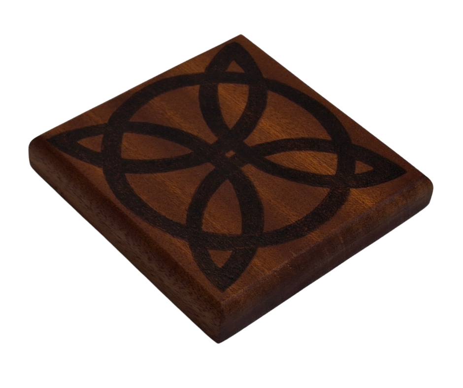 Sapele coaster with Celtic pattern burnt into the wood
