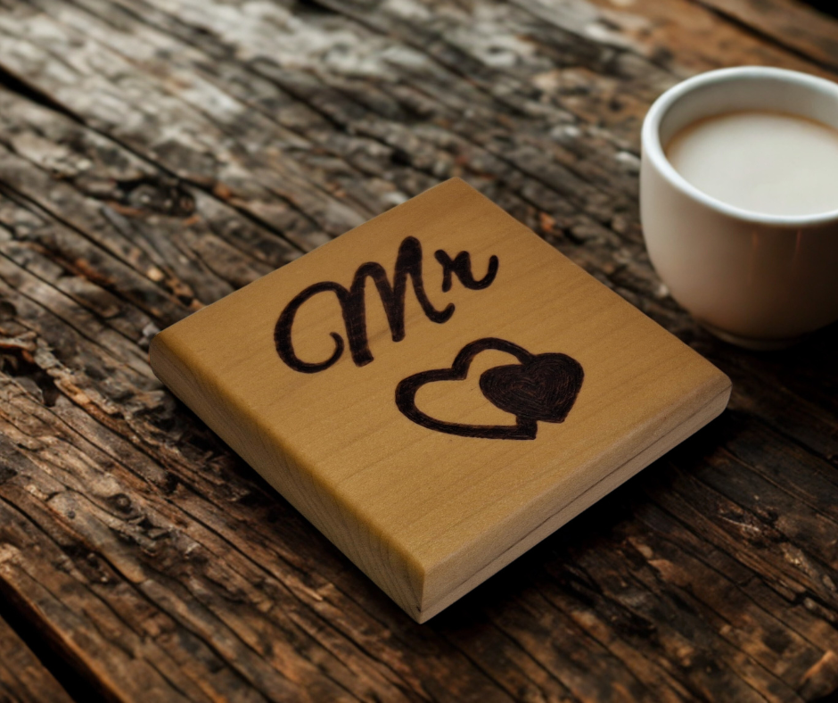 Tulipwood coaster with chamfered edges inscription "Mr" with a decorative double heart on the bottom burnt in