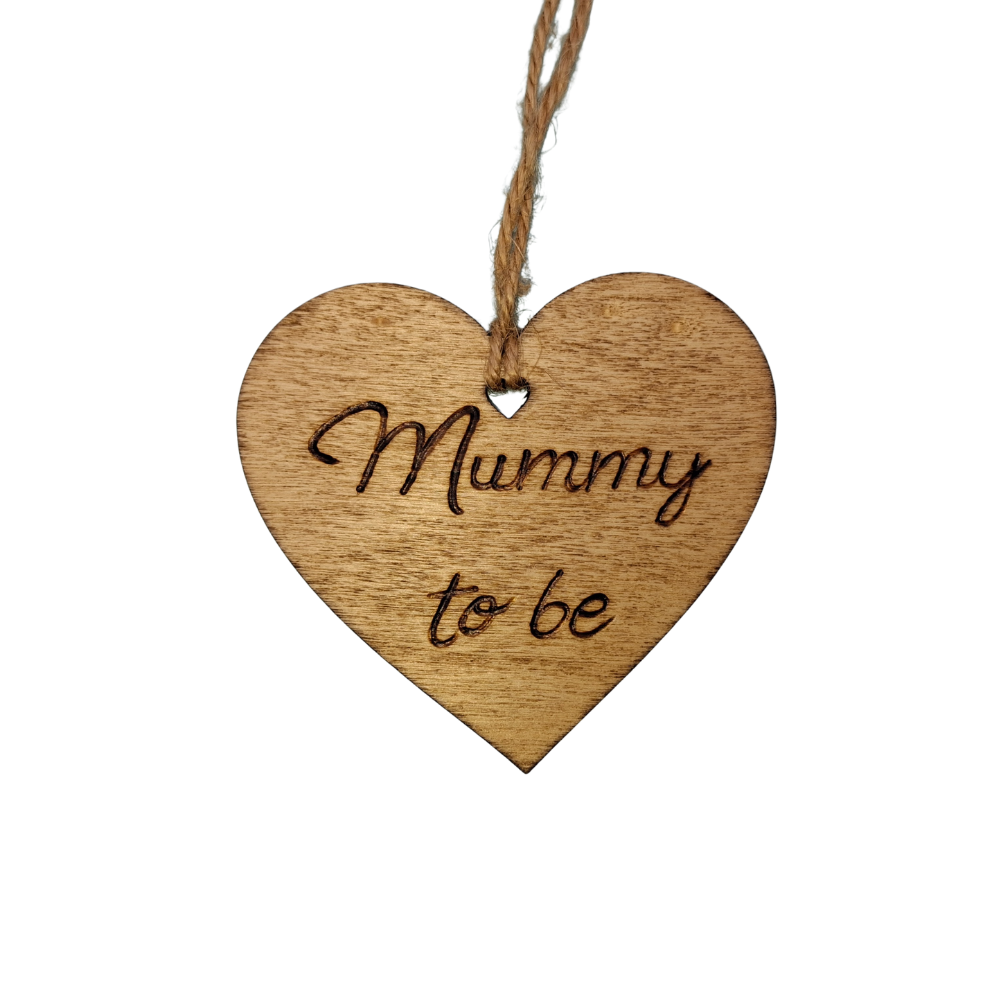 Heart-shaped wooden ornament, hand-drawn with pyrography, featuring the engraved phrase "Mummy to be" in a decorative script.