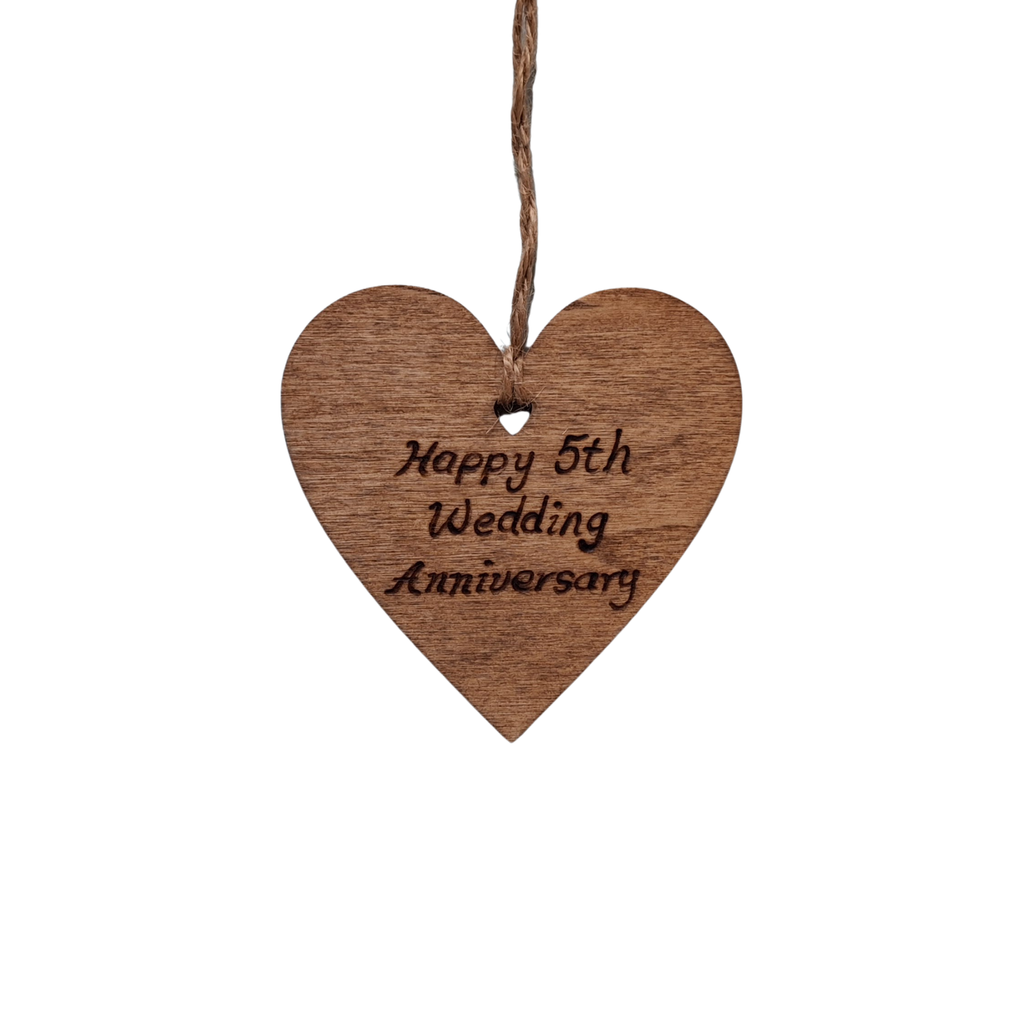 Wooden heart-shaped ornament with 'Happy 5th Wedding Anniversary' engraved text and natural jute string for hanging
