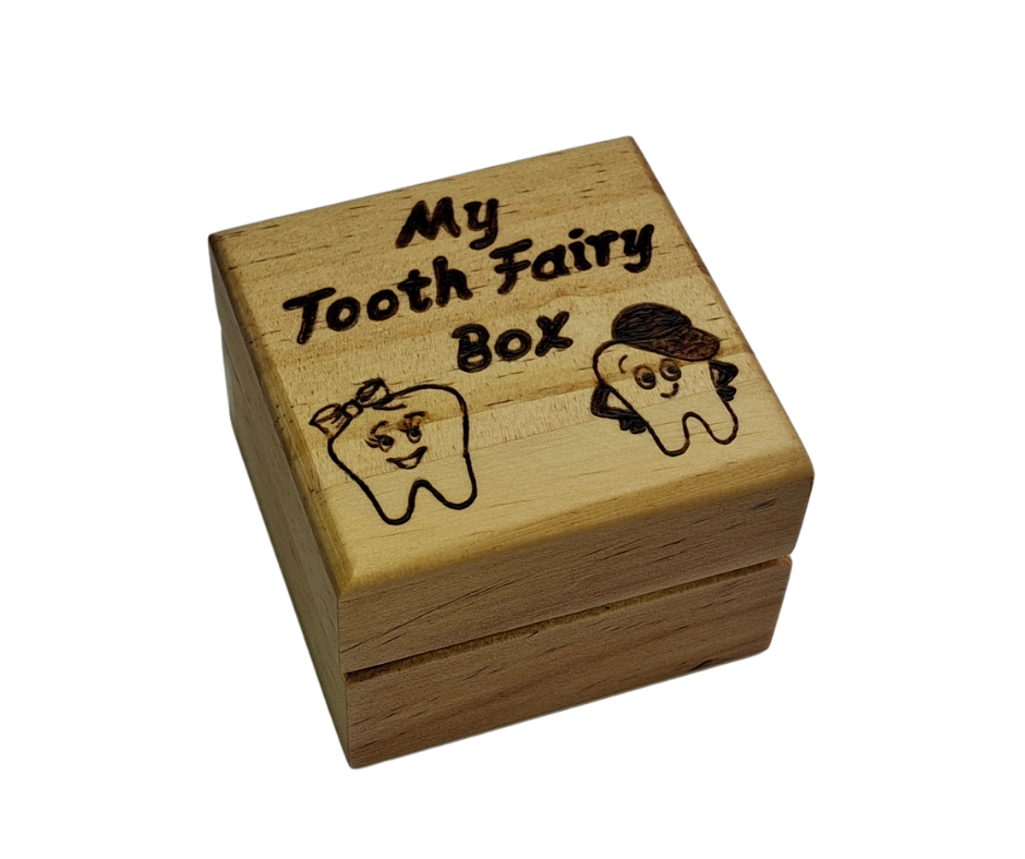 Small wooden box, hand-decorated with "My Tooth Fairy Box" lettering and two teeth wearing hats