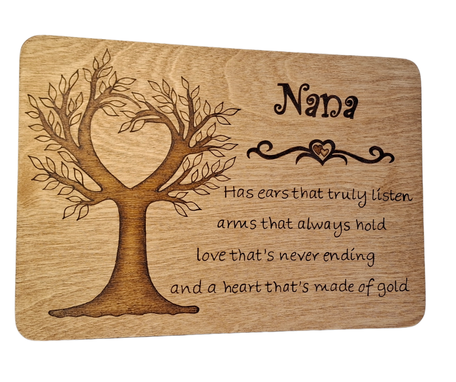 Decorative wooden sign for Nana, with a prominent tree illustration on the left, a detailed heart border, and the custom pyrography verse describing a loving Nana