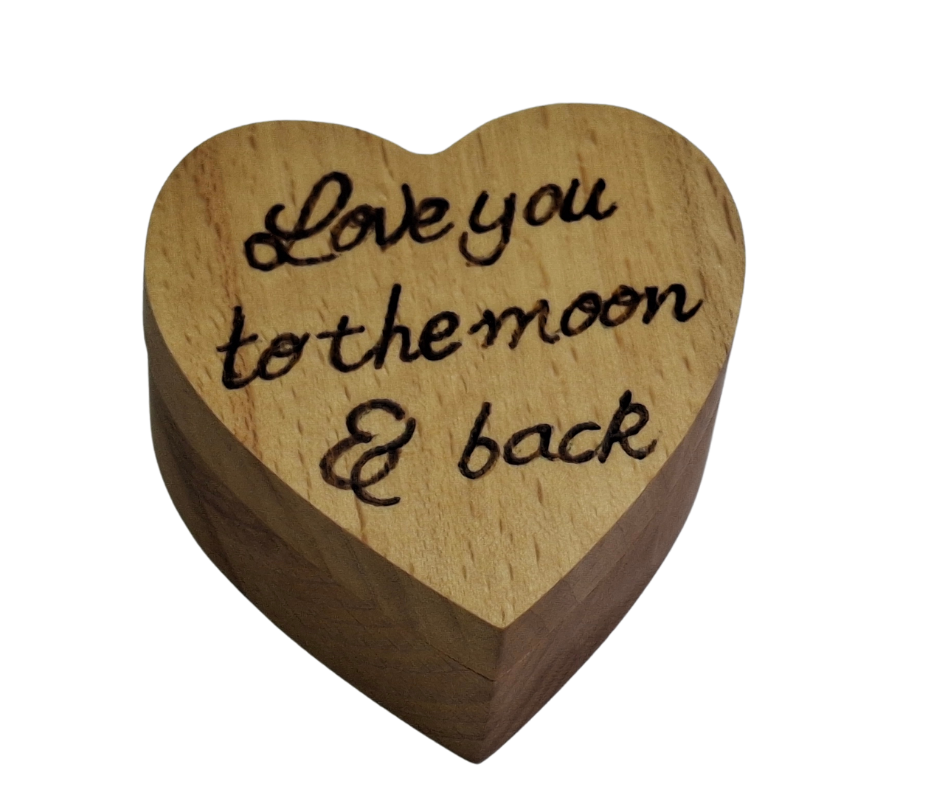 Small, heart-shaped wooden ring box with a swivel lid, hand-decorated with "Love You to the Moon and Back" pyrography