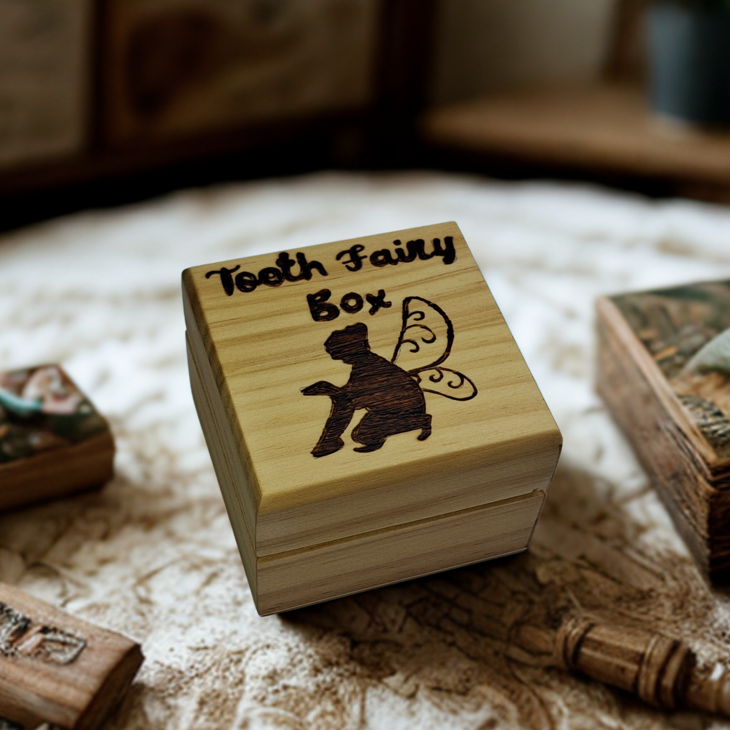 Child's keepsake box, with "Tooth Fairy Box" hand-engraved on the lid next to a charming fairy figure