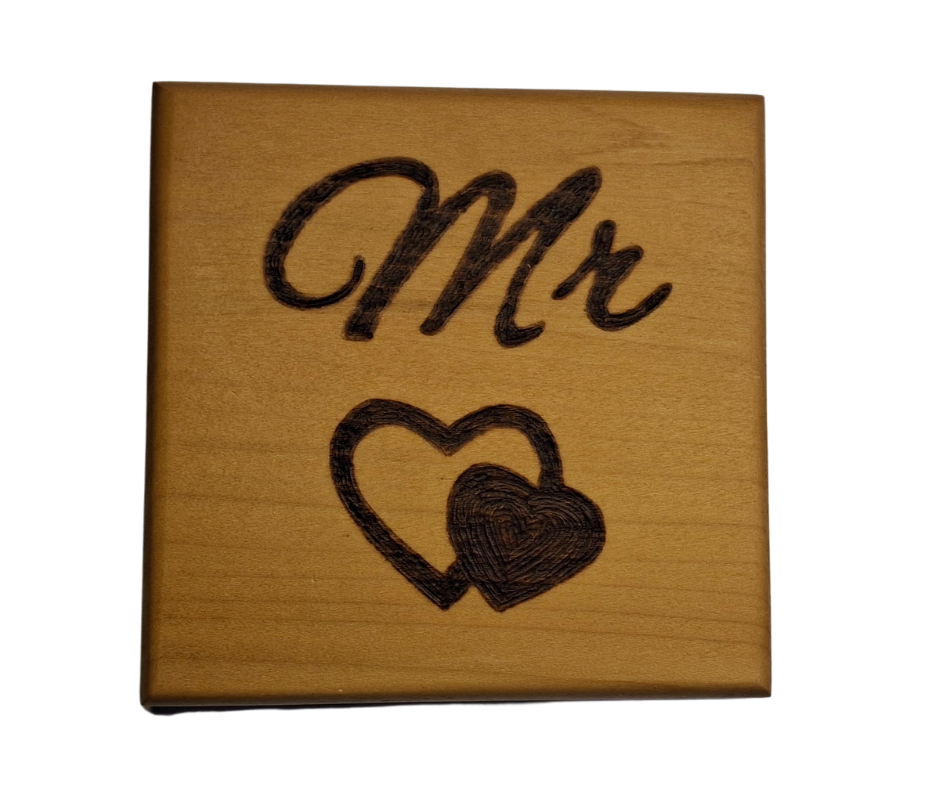 Tulipwood coaster with chamfered edges inscription "Mr" with a decorative double heart on the bottom burnt in