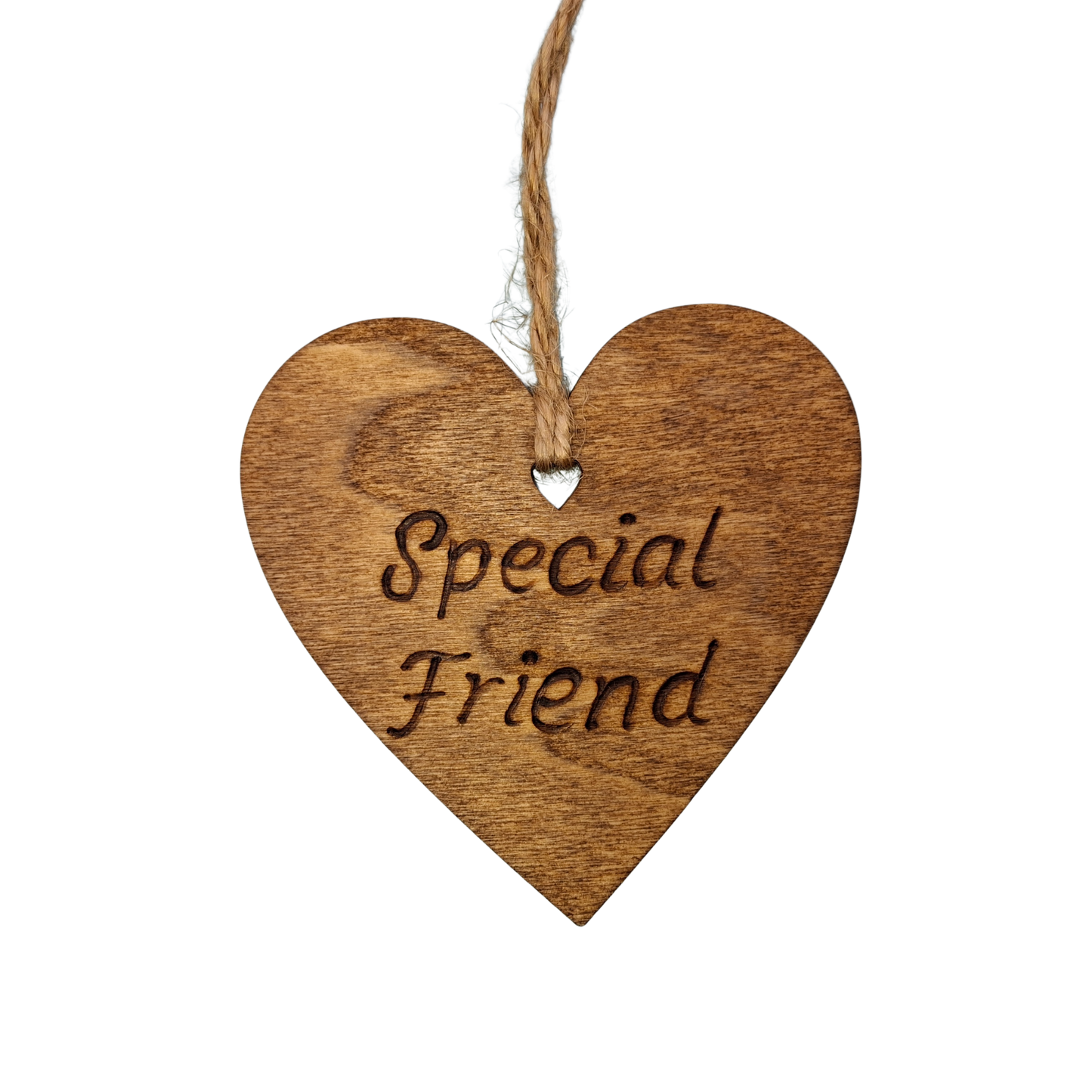 Heart-shaped wooden ornament, hand-drawn with pyrography, featuring the engraved phrase "Special Friend" in a decorative script.