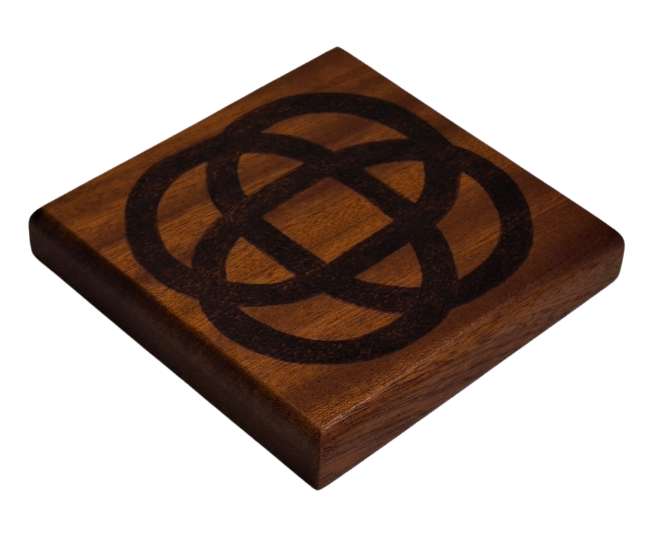 Sapele coaster with chamfered edges with celtic design