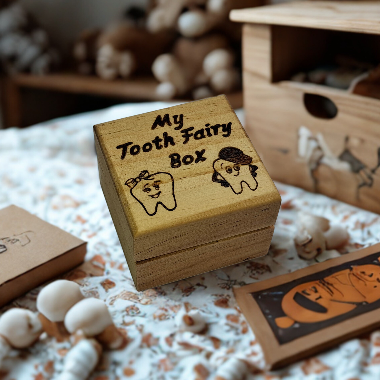 Small wooden box, hand-decorated with "My Tooth Fairy Box" lettering and two teeth wearing hats