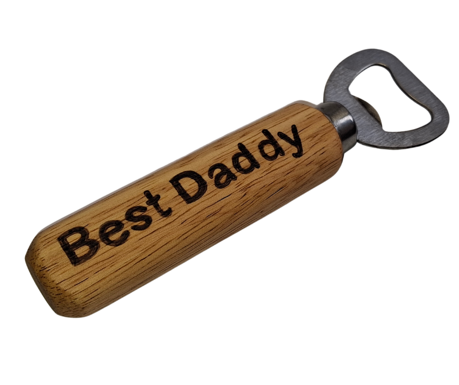 Custom hand-burnt bottle opener featuring a chrome opener and "Best Daddy" lettering, an ideal gift for fathers