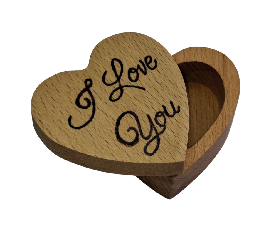Hand-burnt heart-shaped ring box featuring "I Love You" on its swivel lid, perfect for a heartfelt gift