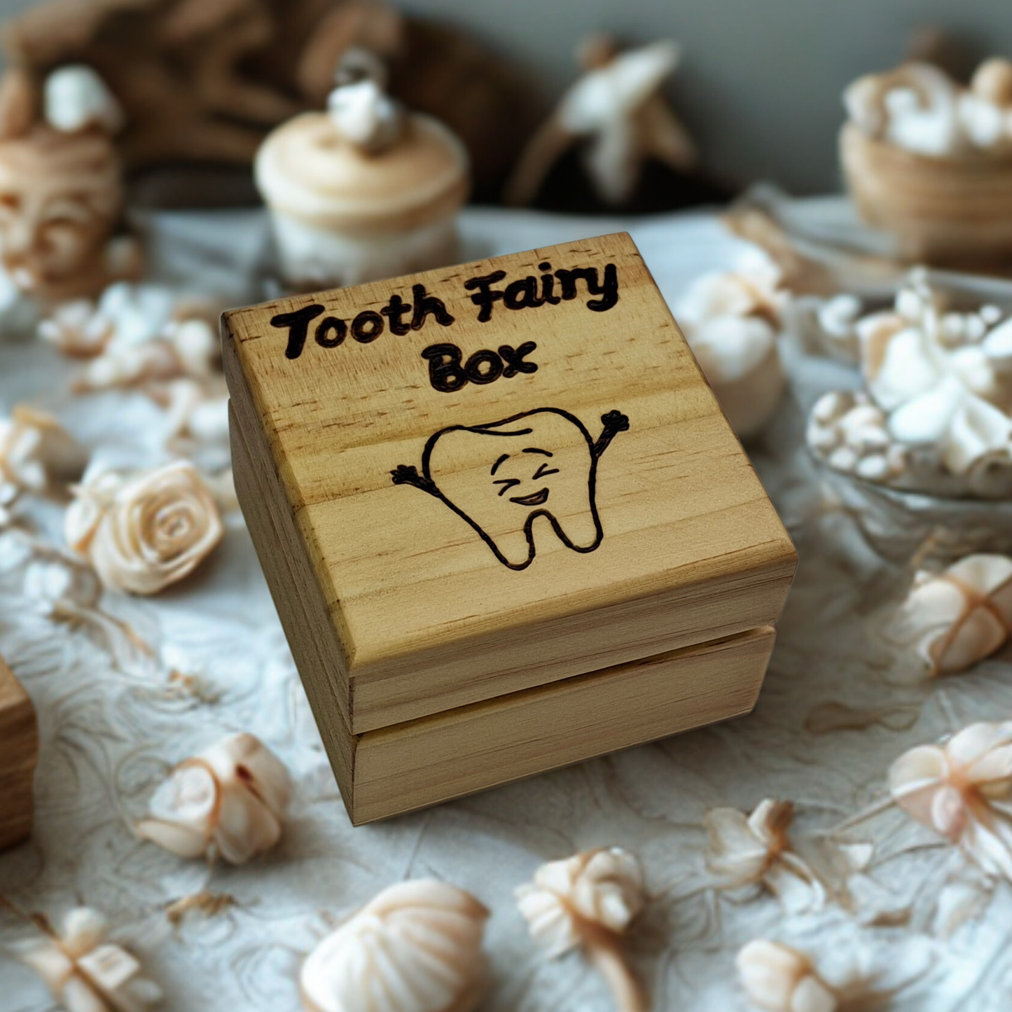Small wooden box, hand-decorated with "Tooth Fairy Box" lettering and a large smiling tooth design