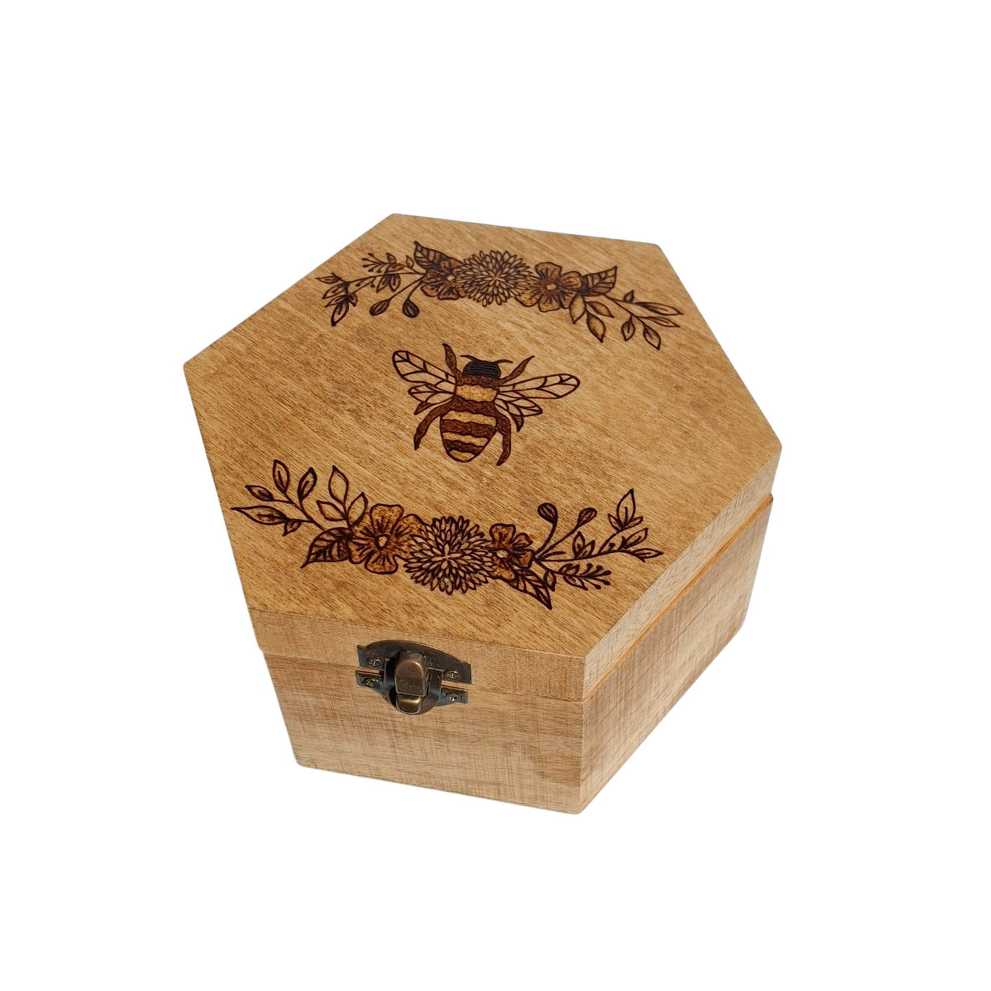 Hexagonal wooden jewelry box with a 'hand burnt' bee and floral design, featuring a brass clasp closure