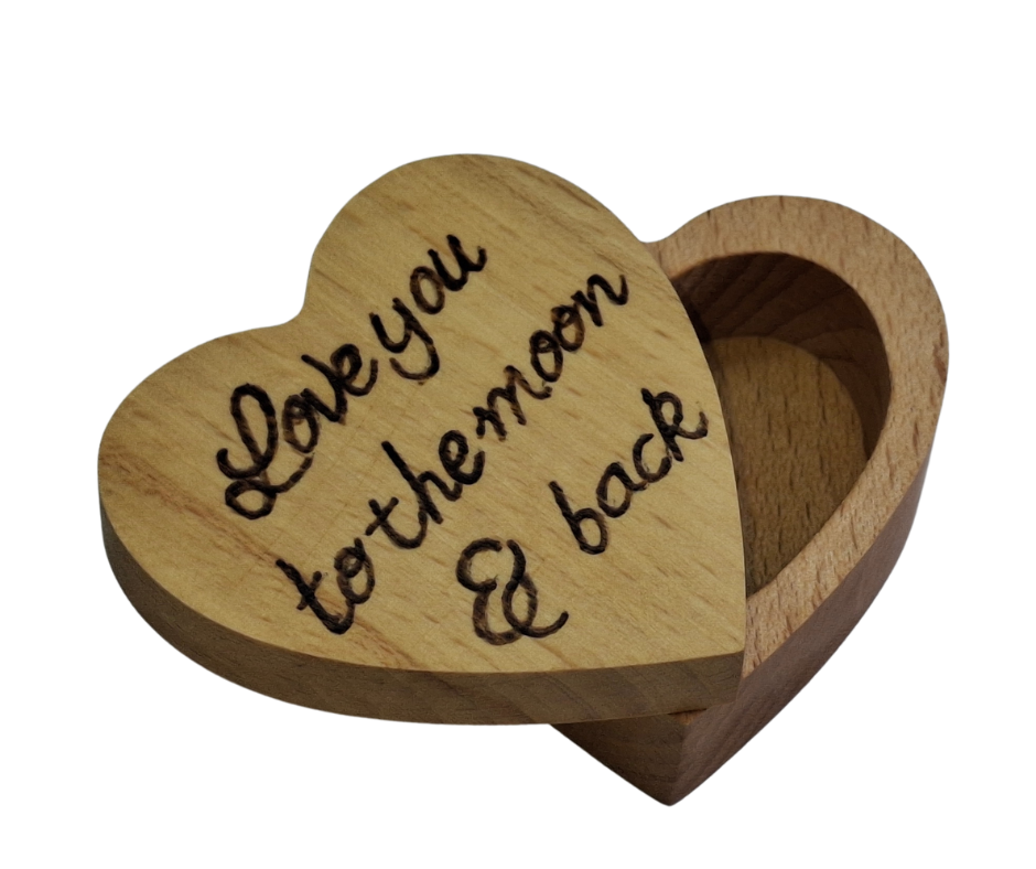 Small, heart-shaped wooden ring box with a swivel lid, hand-decorated with "Love You to the Moon and Back" pyrography