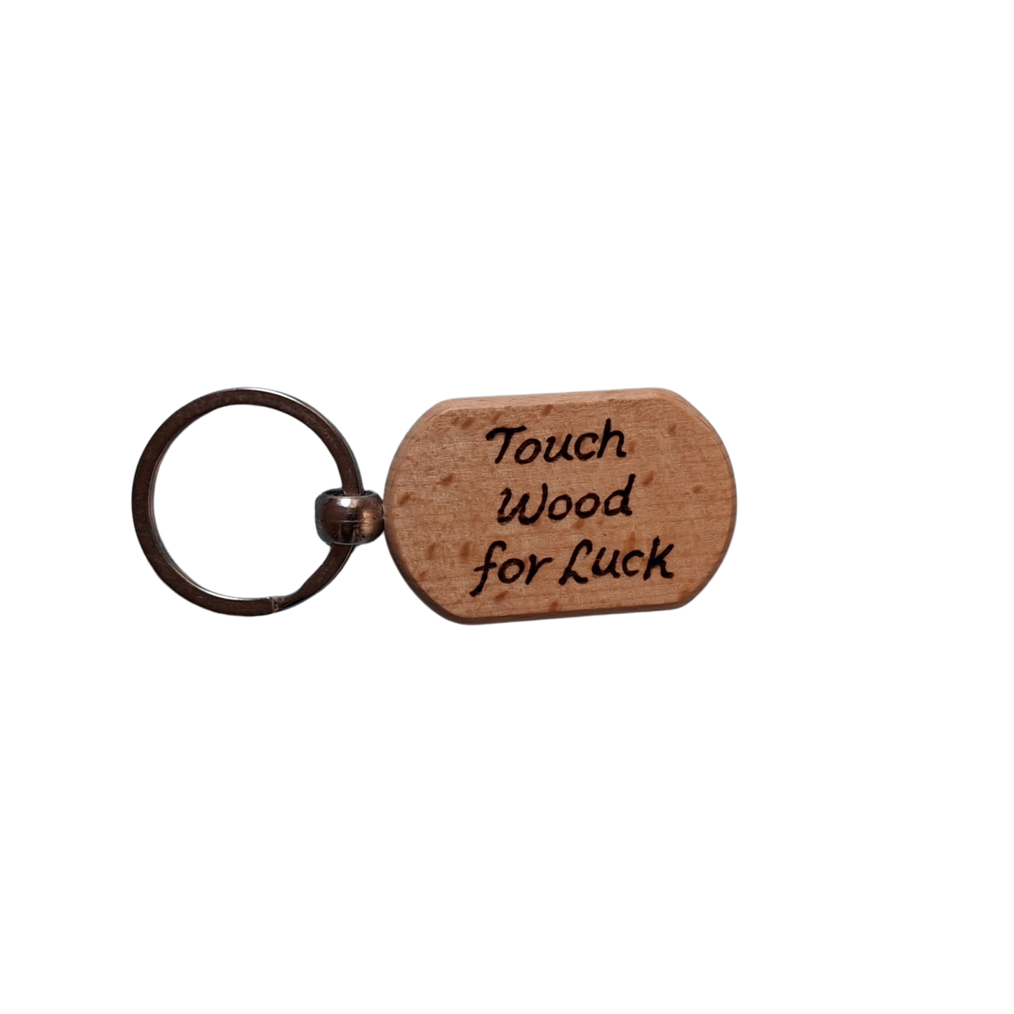 Oval beechwood keyring with 'Touch Wood for Luck' pyrography text and chrome split ring