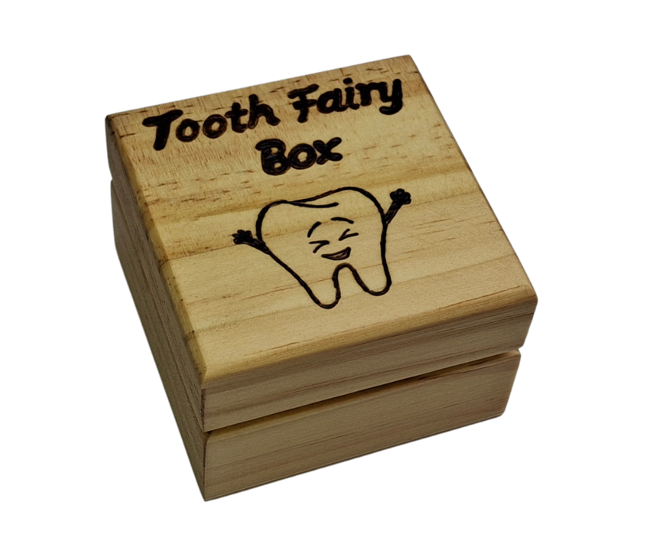 Small wooden box, hand-decorated with "Tooth Fairy Box" lettering and a large smiling tooth design